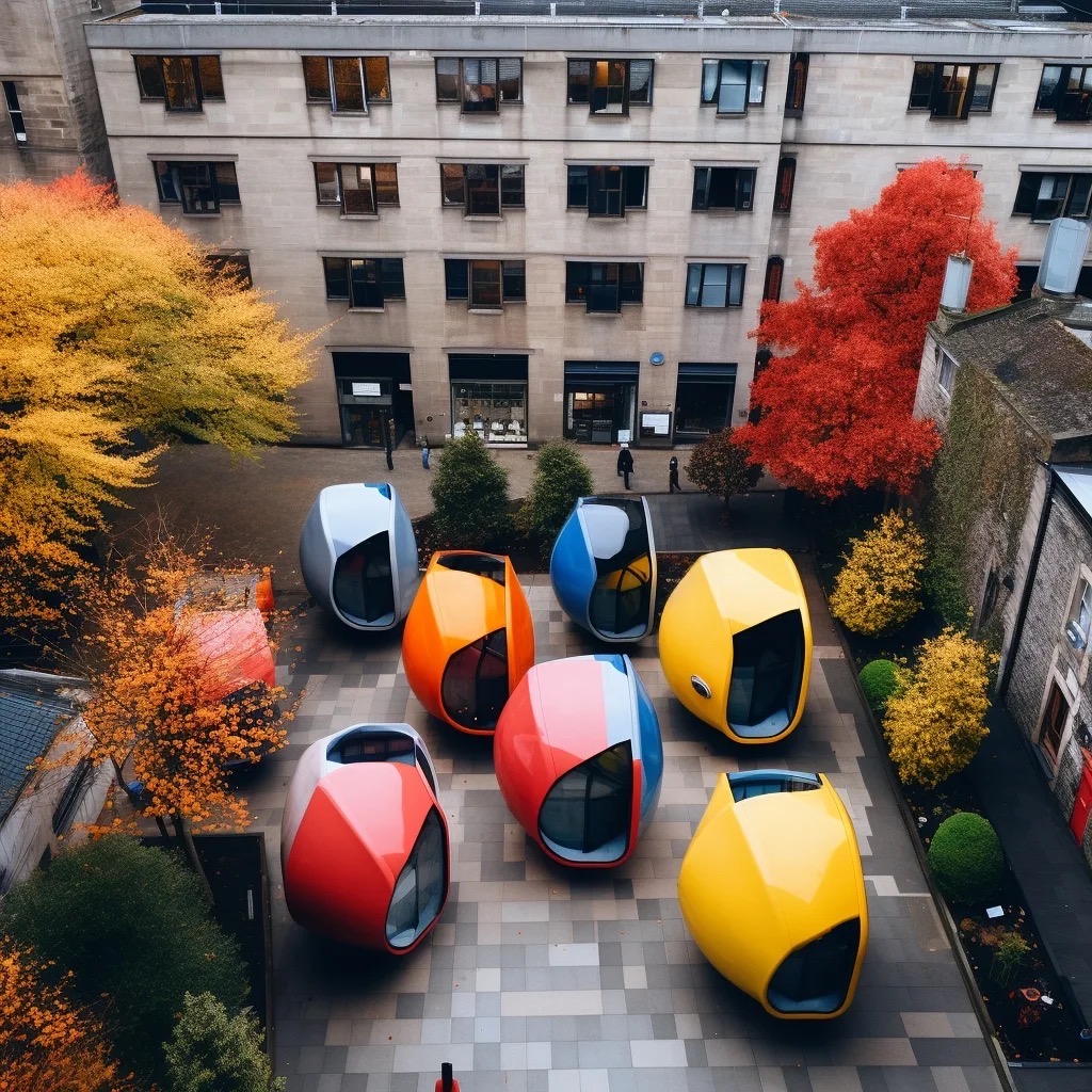 Seven E-Pods arranged for parallel workshops.
