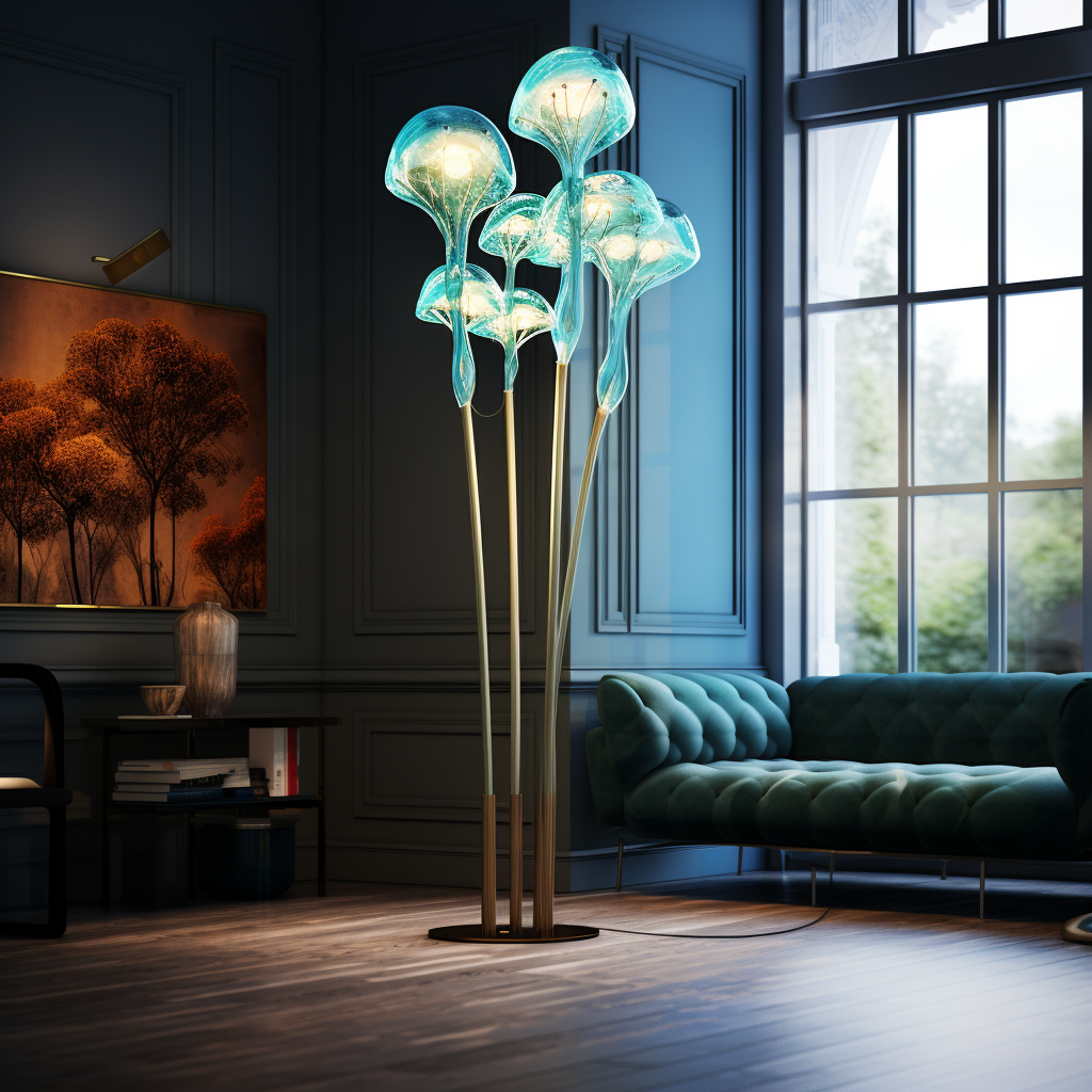 Tall jellyfish bulbs glowing on quiet brass stems.