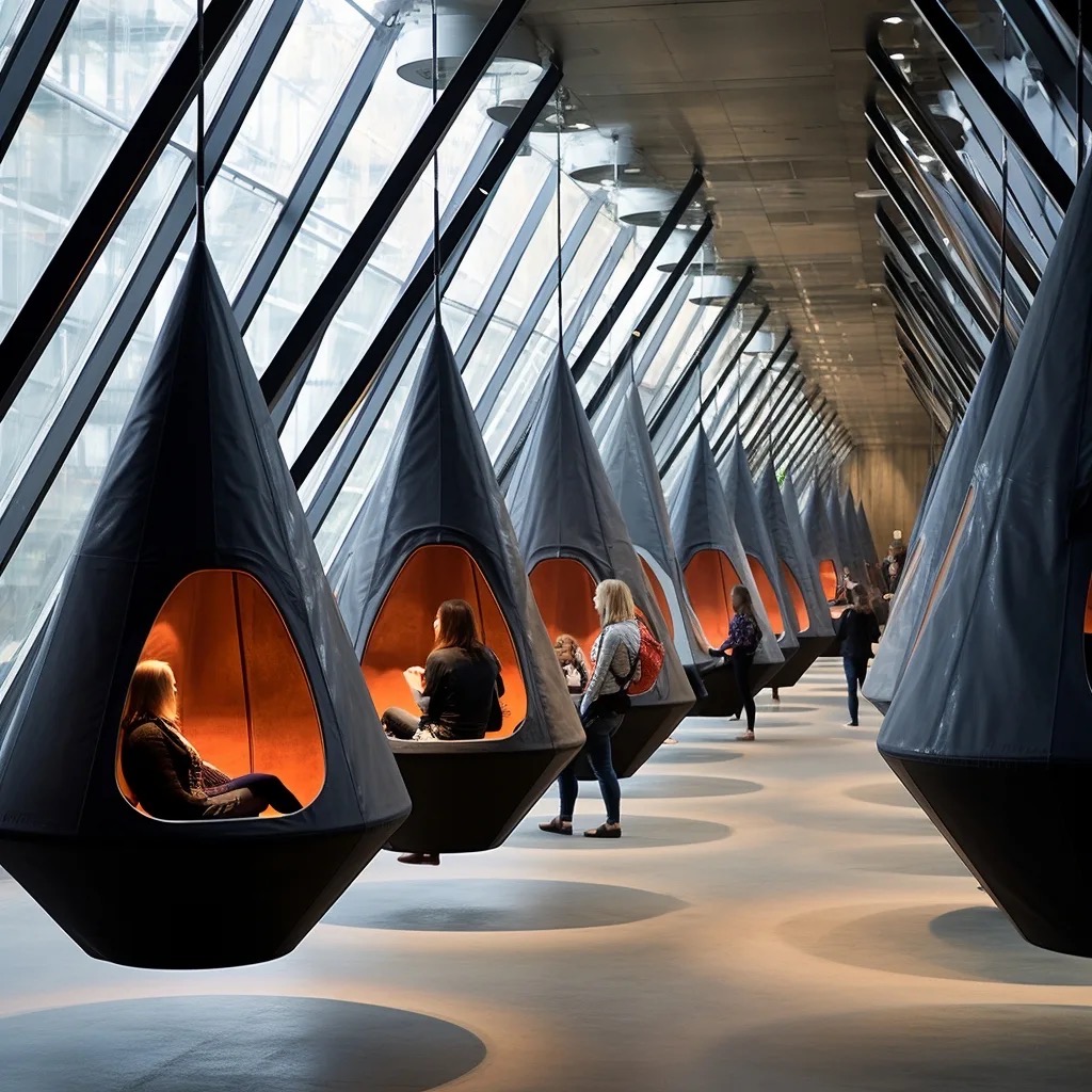 Dark canvas cocoons with glowing orange interiors under glazed roof.