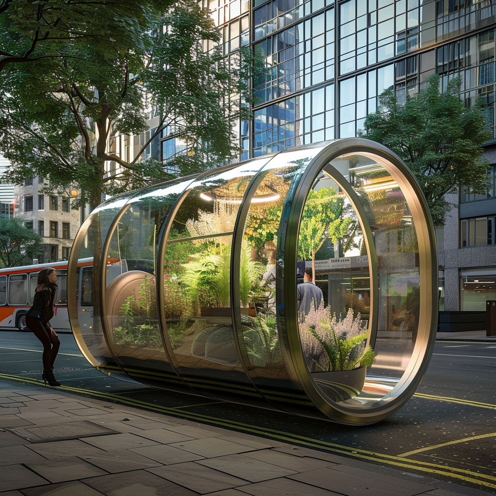 Cylindrical glasshouse at the edge of the street.