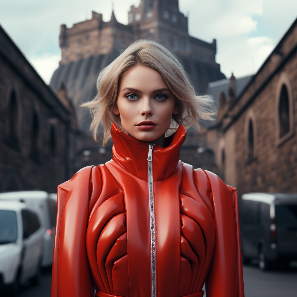 Structured red pod coat with central architectural spine.