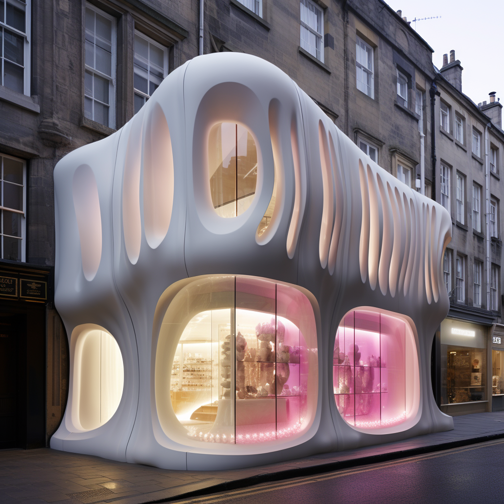 White shell boutique with rose-lit retail interior.