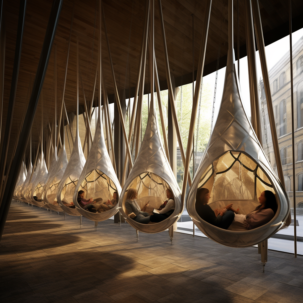 Hanging cocoon PODs suspended in a gallery hall