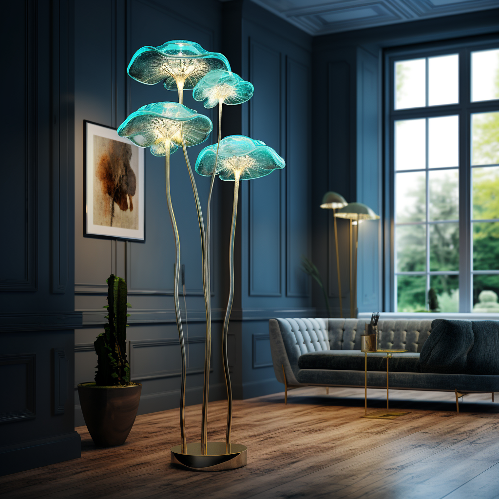 Wavy teal caps lit from within on curved stems.