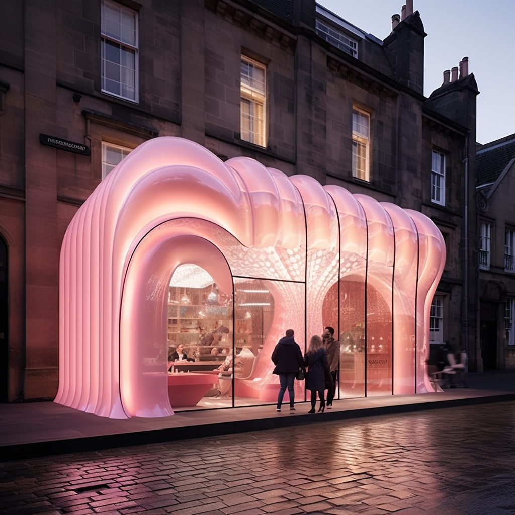 Ribbed pink arch grafted onto a Georgian stone facade.