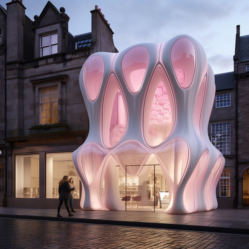 Pink pop-up POD boutique attached to a historic street facade