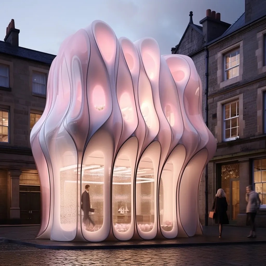 Vertical fluted shell rising between townhouses.