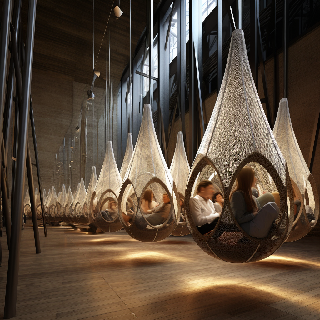 Woven mesh cocoons with open oval seats.