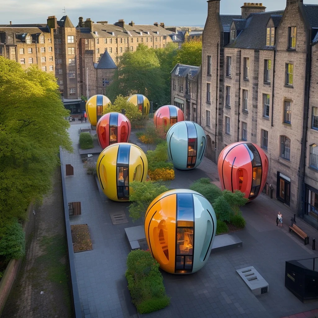 Larger E-Pods in a planted learning garden.